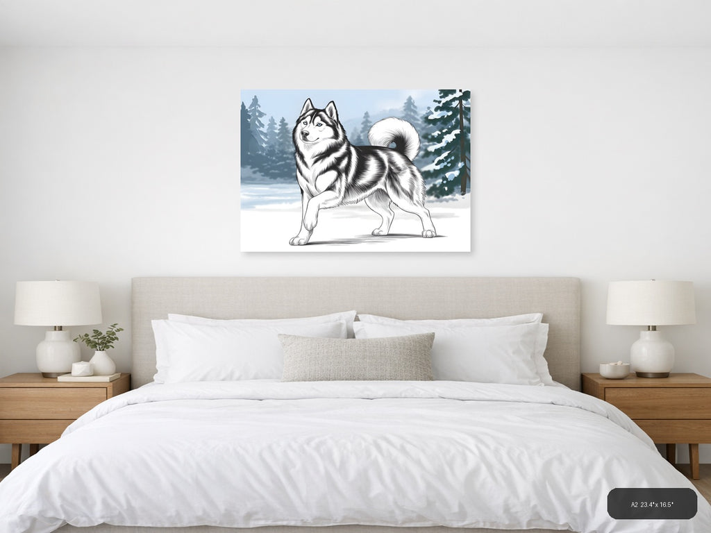 Husky Dog Line Art Winter Forest Landscape Wall Art — A2 / Bedroom