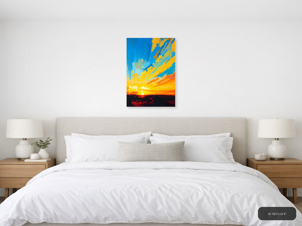 Abstract Sunrise Burst Blue Yellow Orange Wall Art — A2 / Bedroom