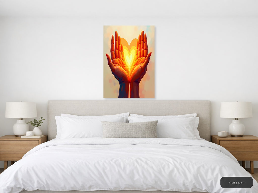 Glowing Heart in Hands Abstract Portrait Wall Art — A1 / Bedroom
