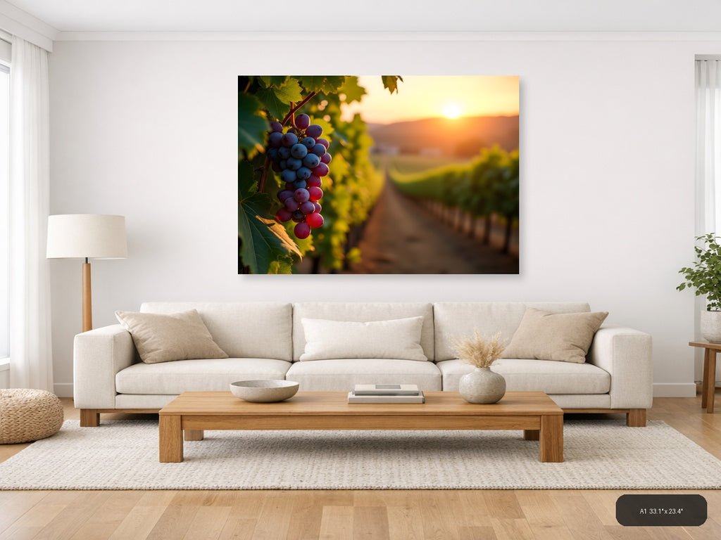 Vineyard Sunset with Purple Grapes Photography Wall Art — A1 / Living Room