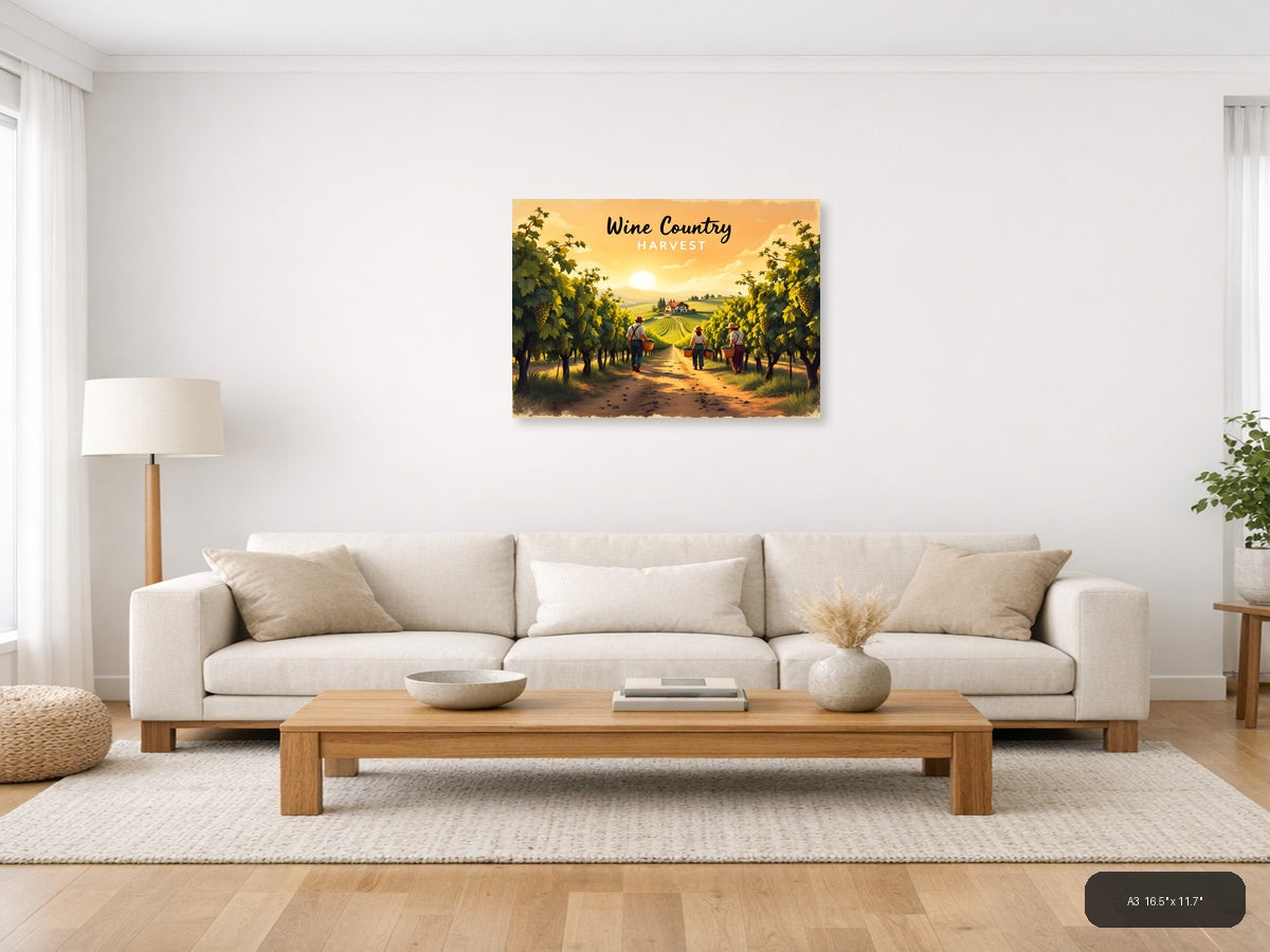 Vintage Wine Country Harvest Vineyard Workers Wall Art — A3 / Living Room