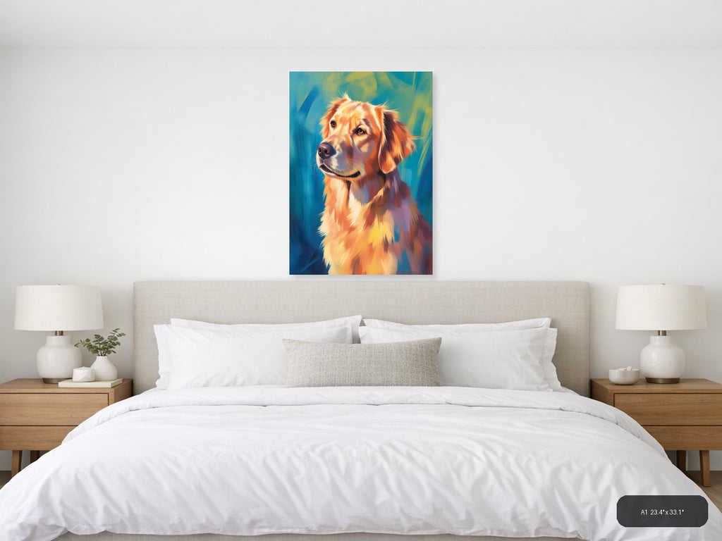Golden Retriever Portrait Abstract Blue Wall Art — A1 / Bedroom