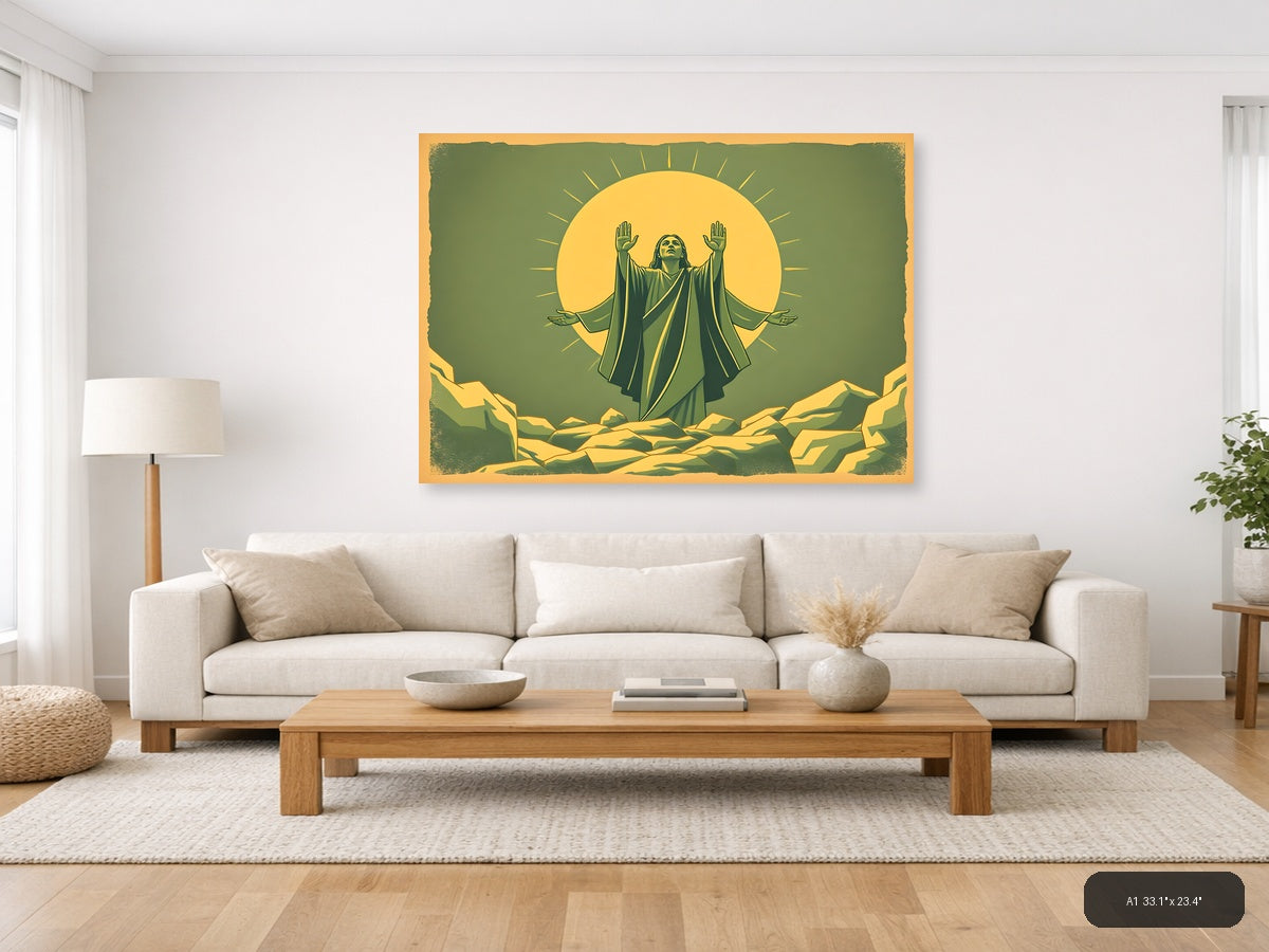 Vintage Spiritual Figure with Radiating Sun Halo Wall Art — A1 / Living Room