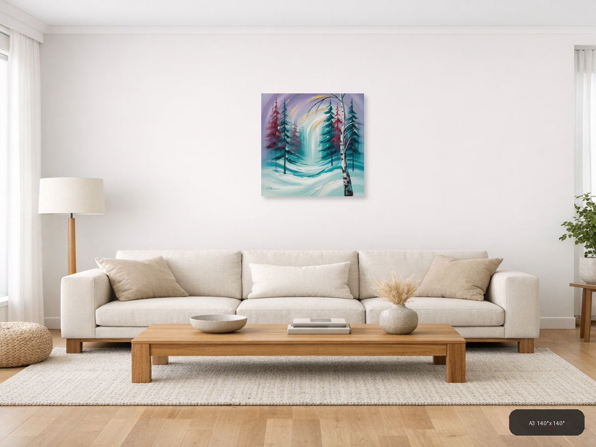 Abstract Winter Forest with Turquoise Waterfall Wall Art — A3 / Living Room