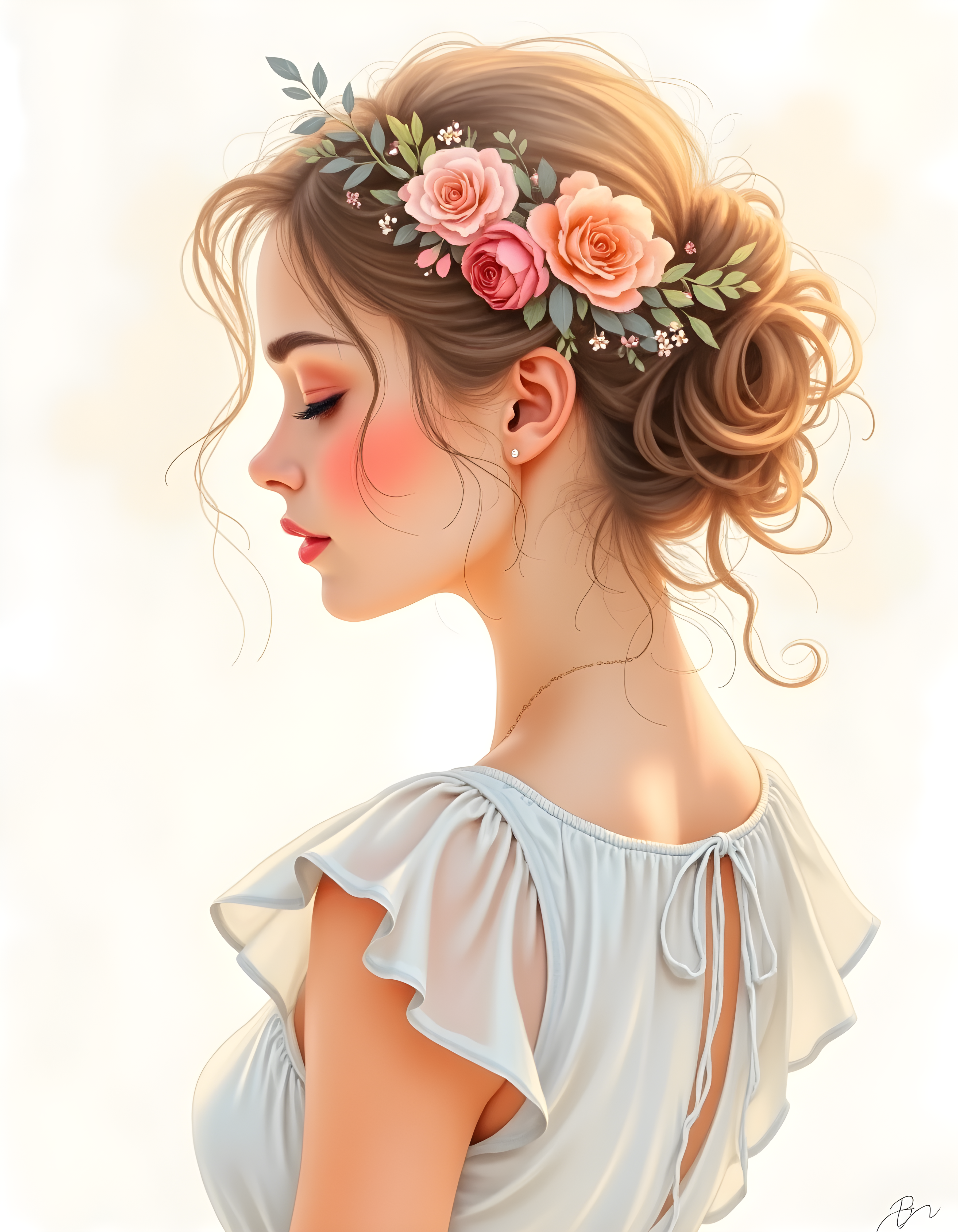 Elegant Woman with Floral Crown Watercolor Wall Art