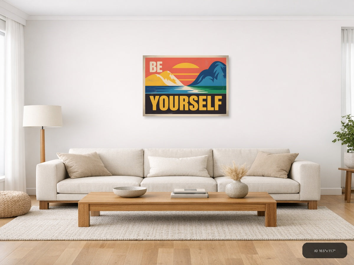 Be Yourself Vintage Retro Mountain Landscape Wall Art — A3 / Living Room