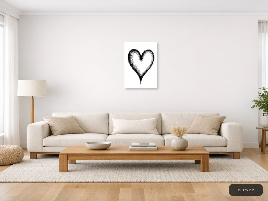 Hand-Drawn Heart Line Art Black Ink Wall Art — A3 / Living Room