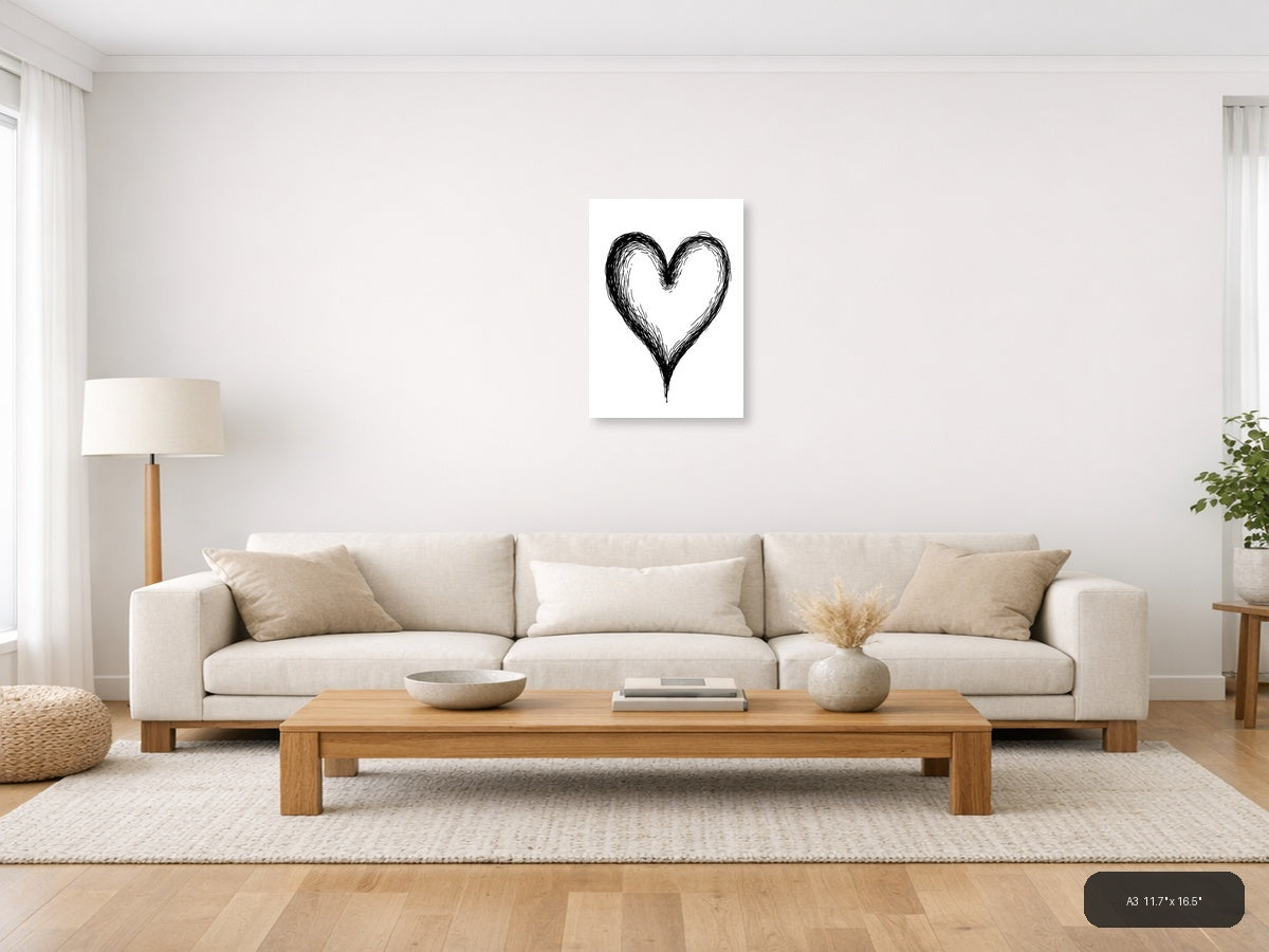 Hand-Drawn Heart Line Art Black Ink Wall Art — A3 / Living Room