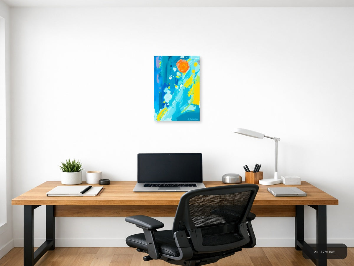 Abstract Solar System with Orange Sun Wall Art — A3 / Office