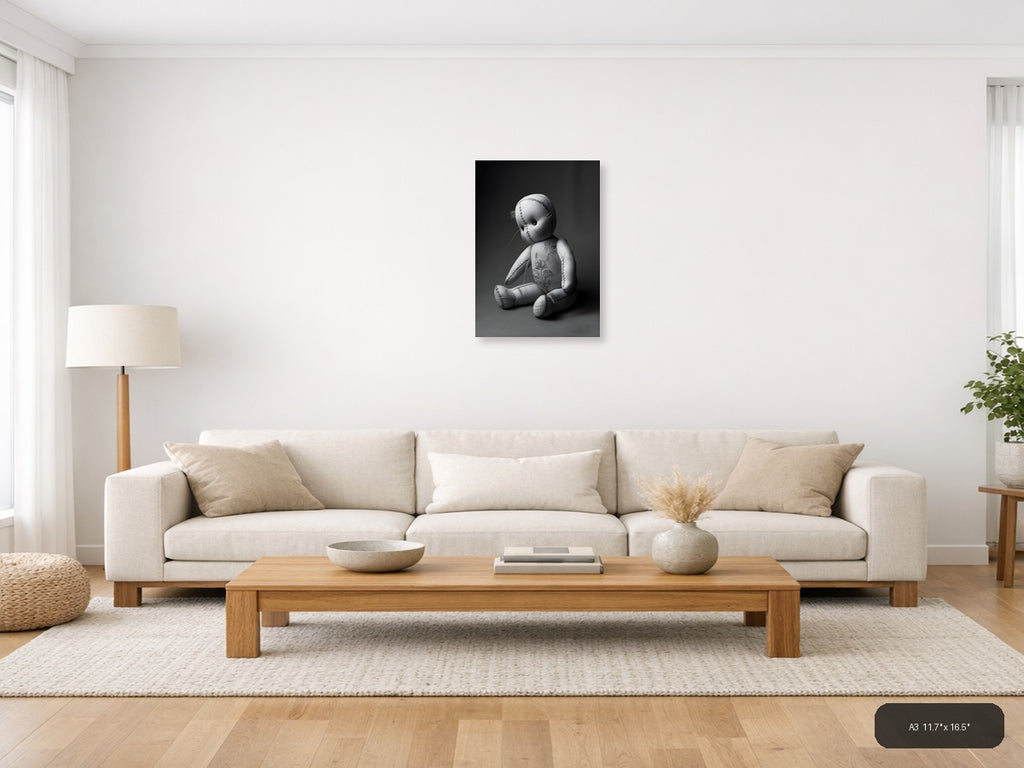 Stitched Voodoo Doll Monochrome Photography Wall Art — A3 / Living Room