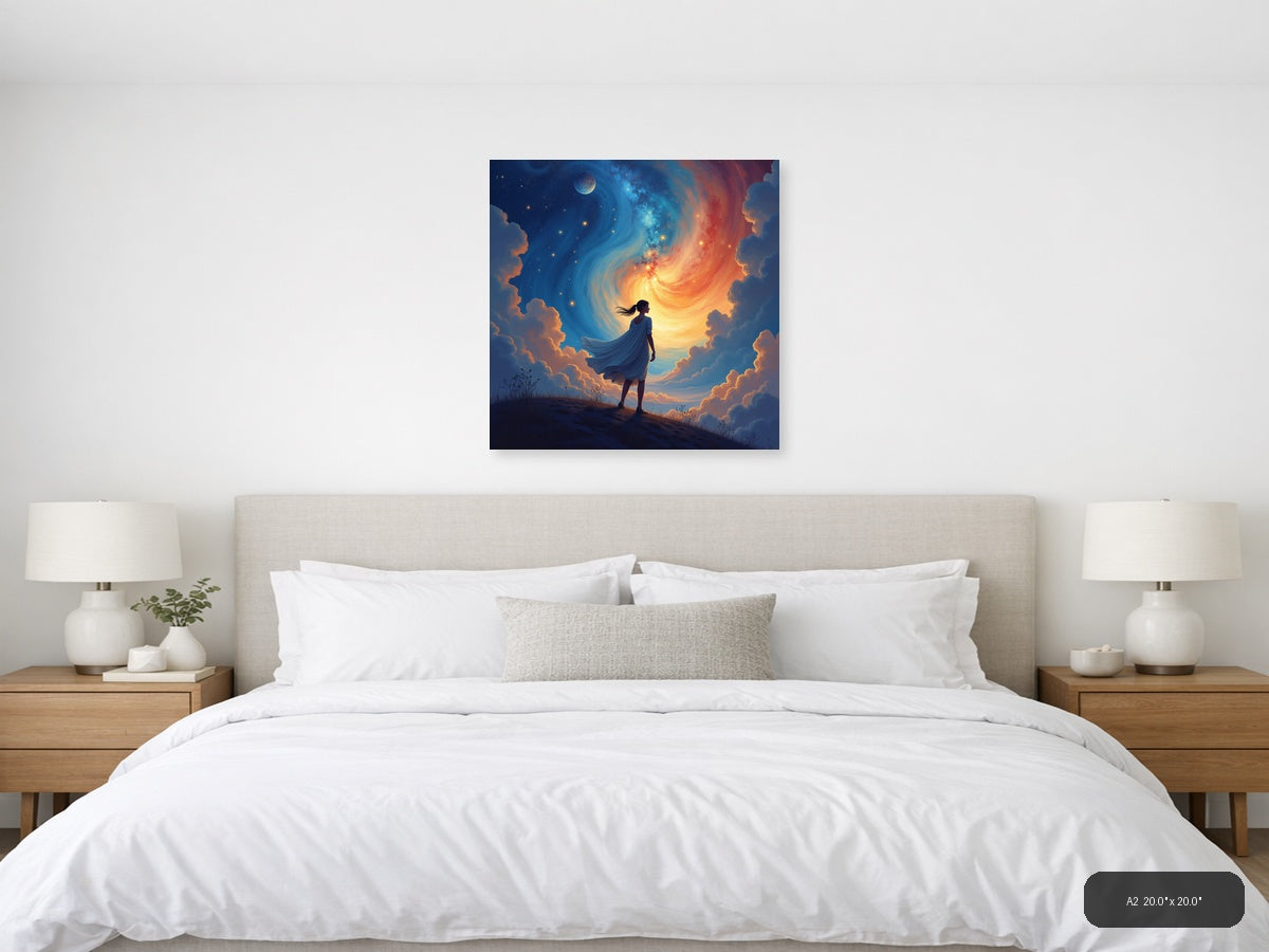Woman Gazing at Cosmic Spiral Abstract Wall Art — A2 / Bedroom