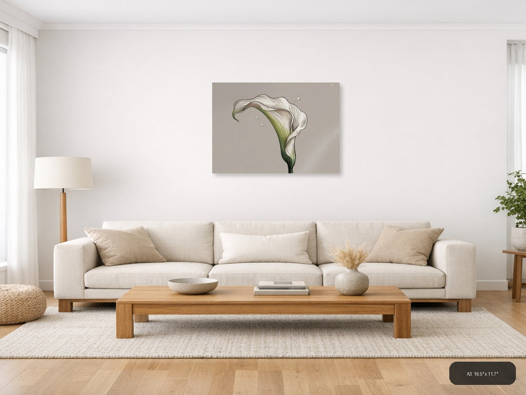 White Calla Lily with Water Drops Line Art Wall Art — A3 / Living Room