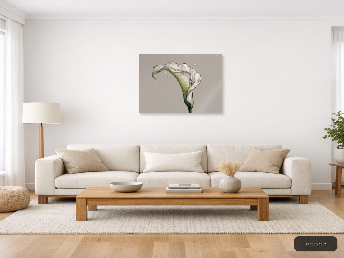 White Calla Lily with Water Drops Line Art Wall Art — A3 / Living Room