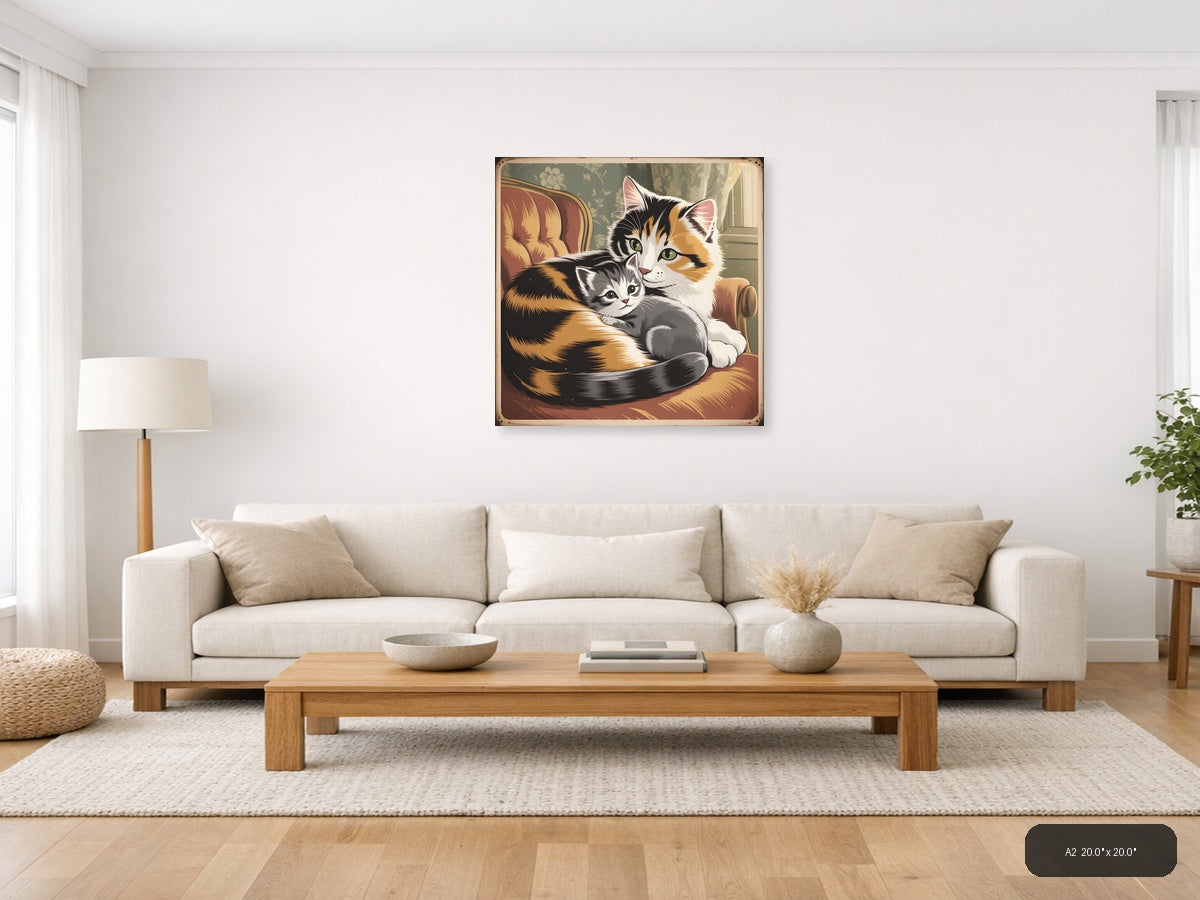 Calico Mother Cat with Kitten Vintage Wall Art — A2 / Living Room