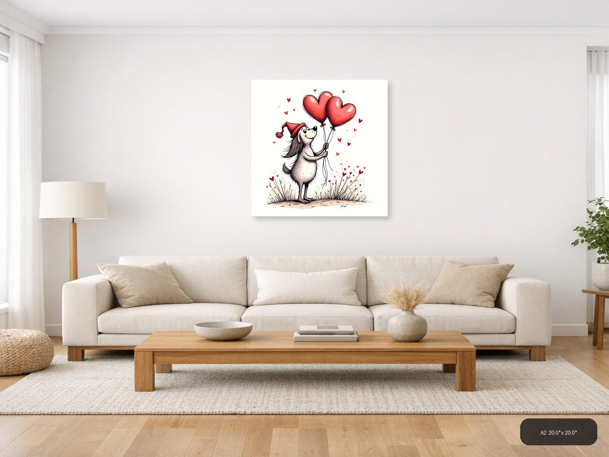 Whimsical Dog with Heart Balloons Line Art Wall Art — A2 / Living Room