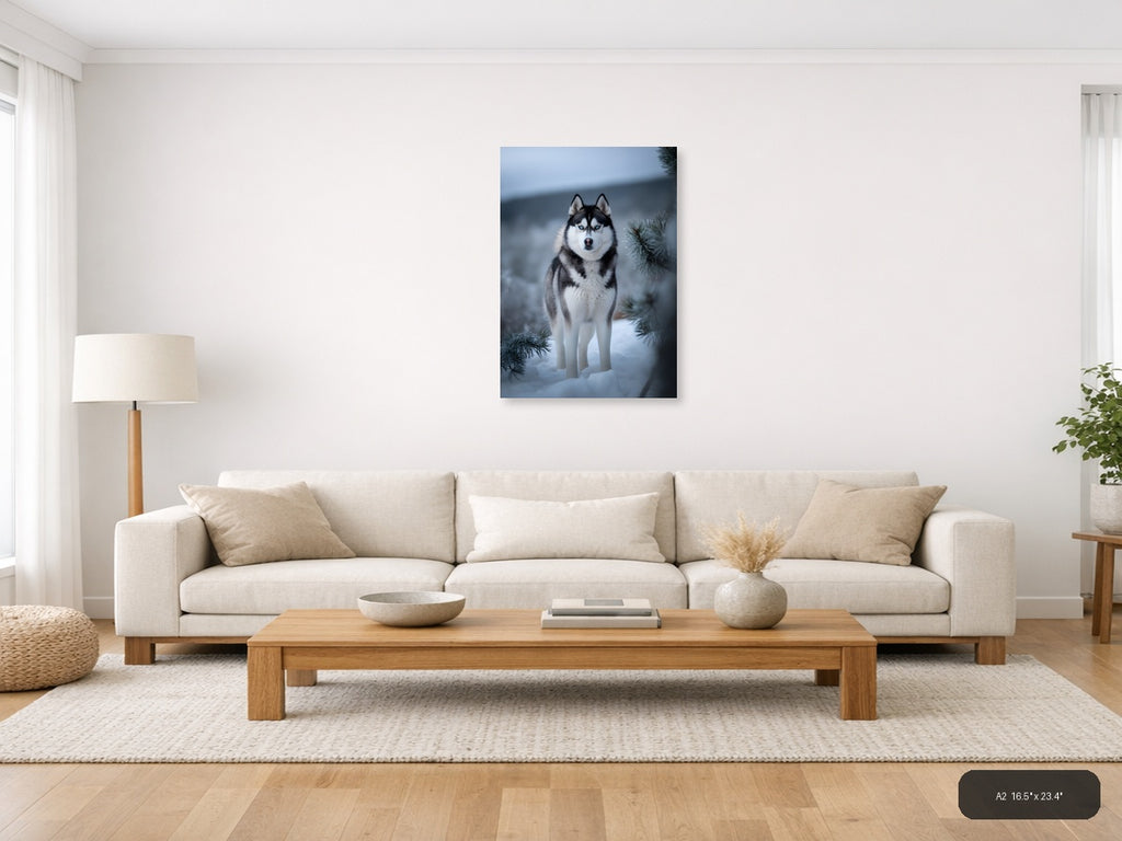 Husky with Blue Eyes in Snowy Winter Forest Photography Wall Art — A2 / Living Room