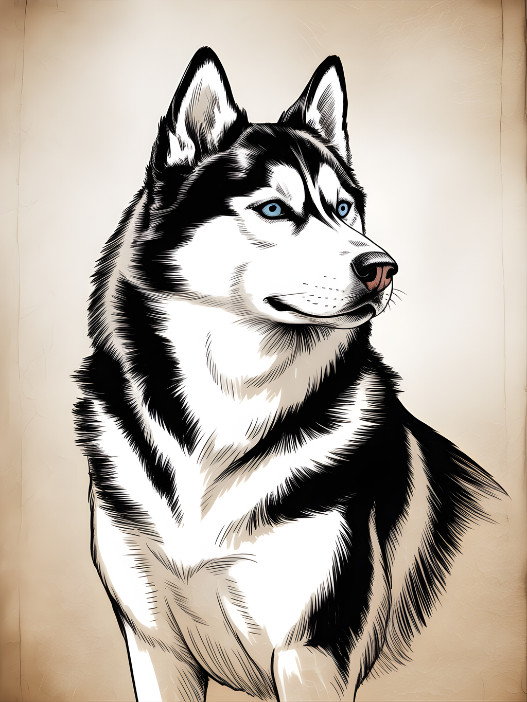 Siberian Husky Portrait Line Art Black & White Wall Art