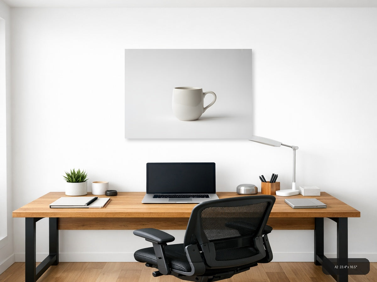 Minimalist White Ceramic Mug Still Life Wall Art — A2 / Office