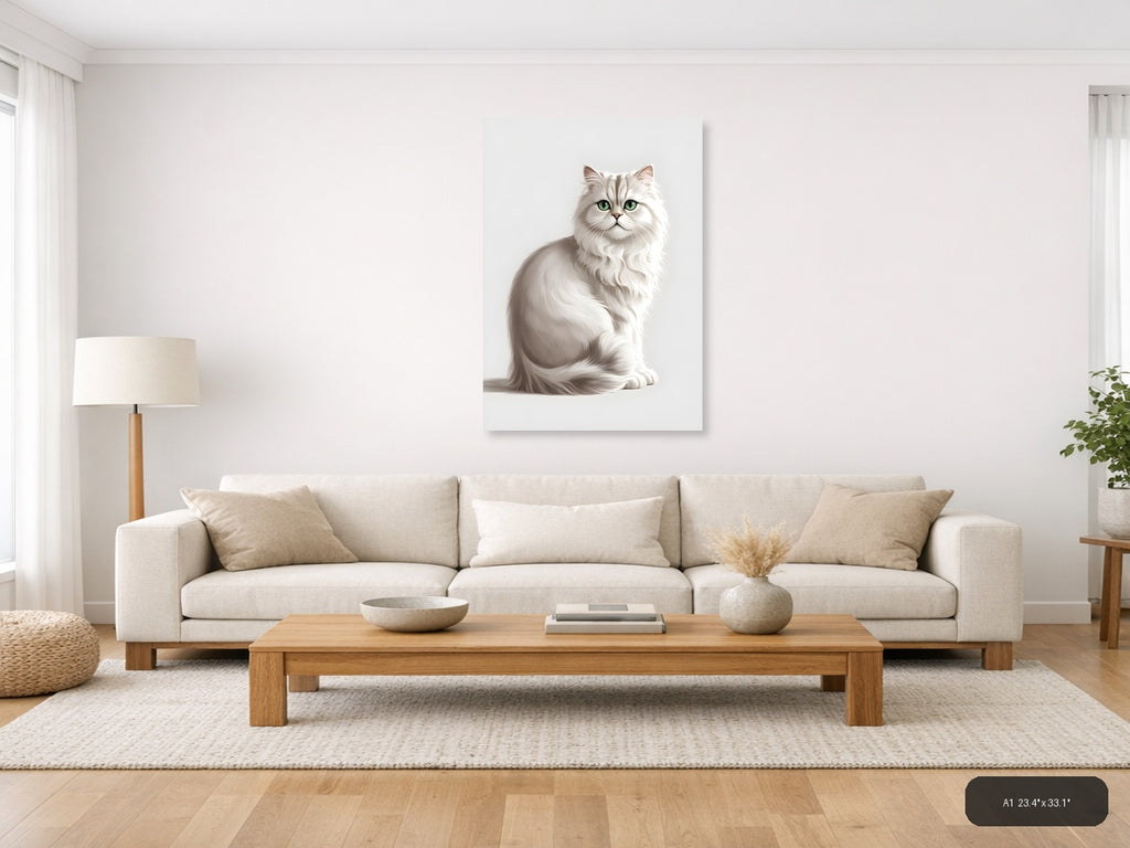 White Fluffy Cat with Green Eyes Minimalist Wall Art — A1 / Living Room