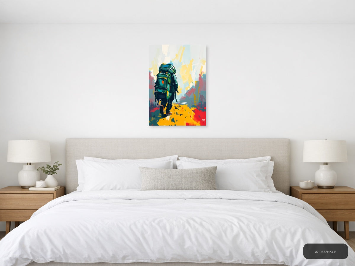 Abstract Hiker with Green Backpack Portrait Wall Art — A2 / Bedroom