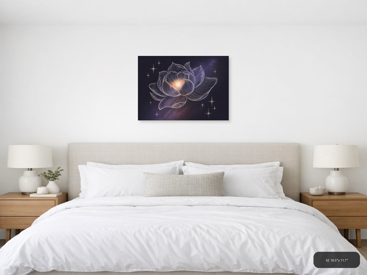 Glowing Lotus Flower Line Art With Stars Wall Art — A3 / Bedroom