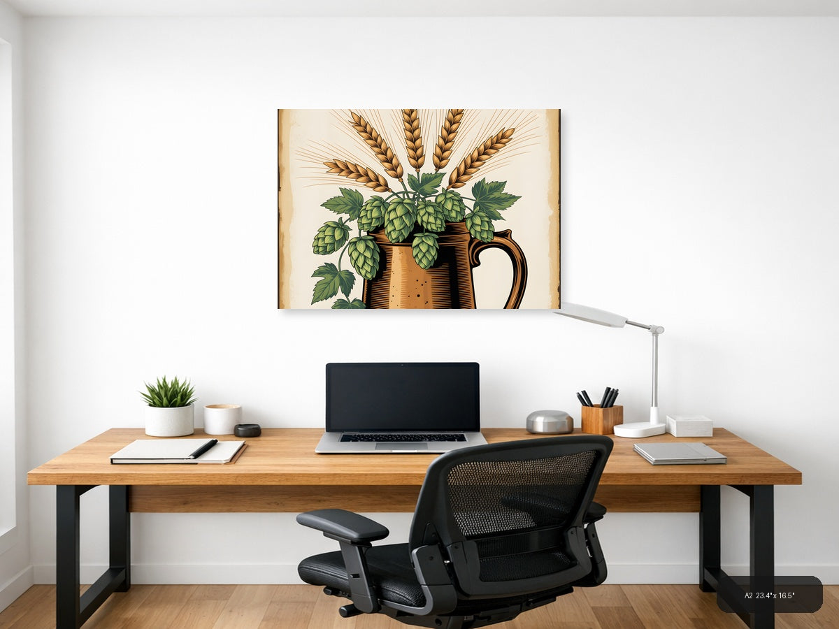 Vintage Beer Hops and Wheat Botanical Wall Art — A2 / Office