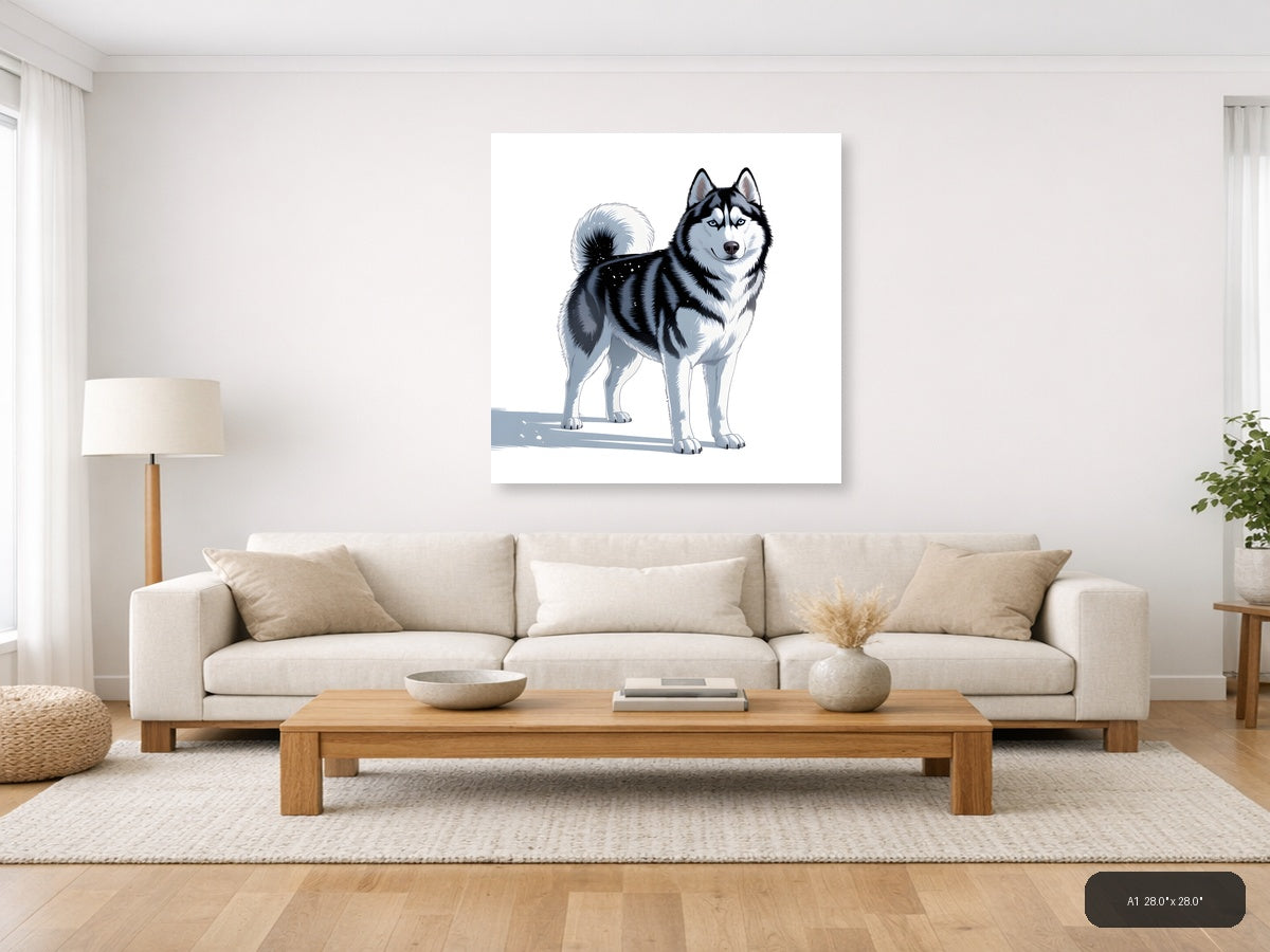 Minimalist Husky Portrait Black and White Wall Art — A1 / Living Room