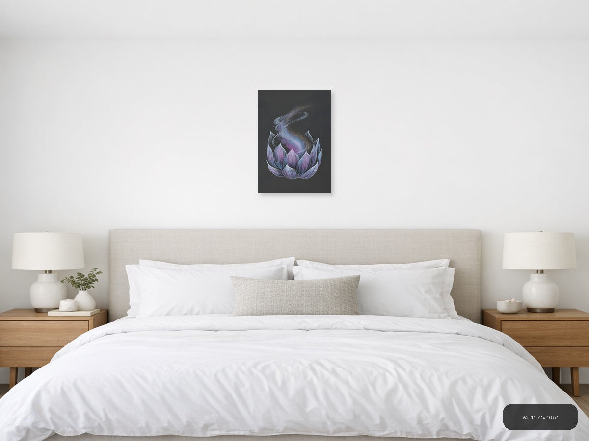 Cosmic Lotus Flower Line Art Galaxy Wall Art — A3 / Bedroom