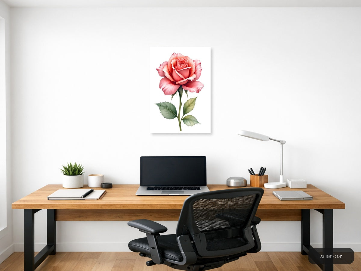 Coral Pink Rose Watercolor Flower Wall Art — A2 / Office