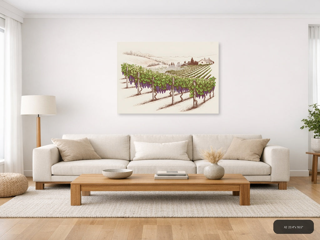 Vineyard Landscape Line Art - Wine Country Wall Art — A2 / Living Room