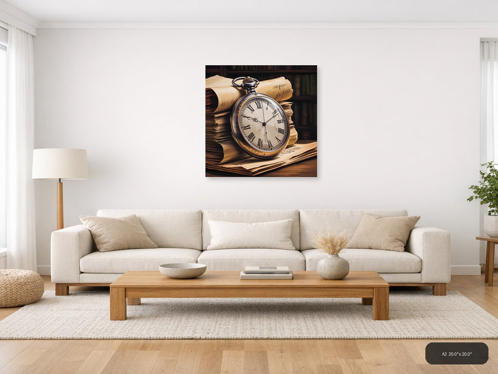 Vintage Pocket Watch & Books Stack Wall Art — A2 / Living Room