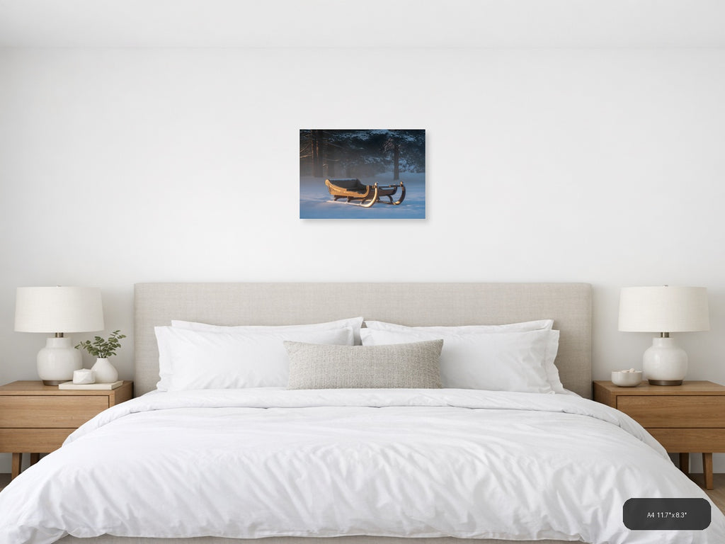 Golden Sleigh in Winter Forest Snow Photography Wall Art — A4 / Bedroom