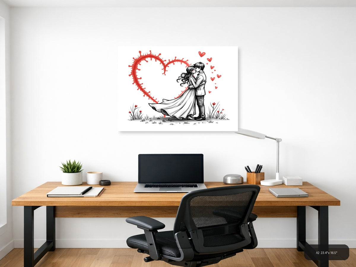 Couple Kissing Red Heart Line Art Wall Art — A2 / Office