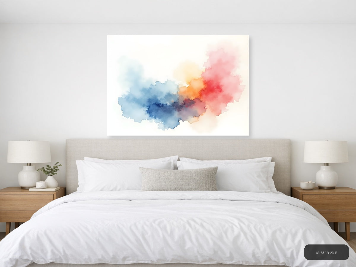 Abstract Watercolor Map China Blue Red Pink Wall Art — A1 / Bedroom