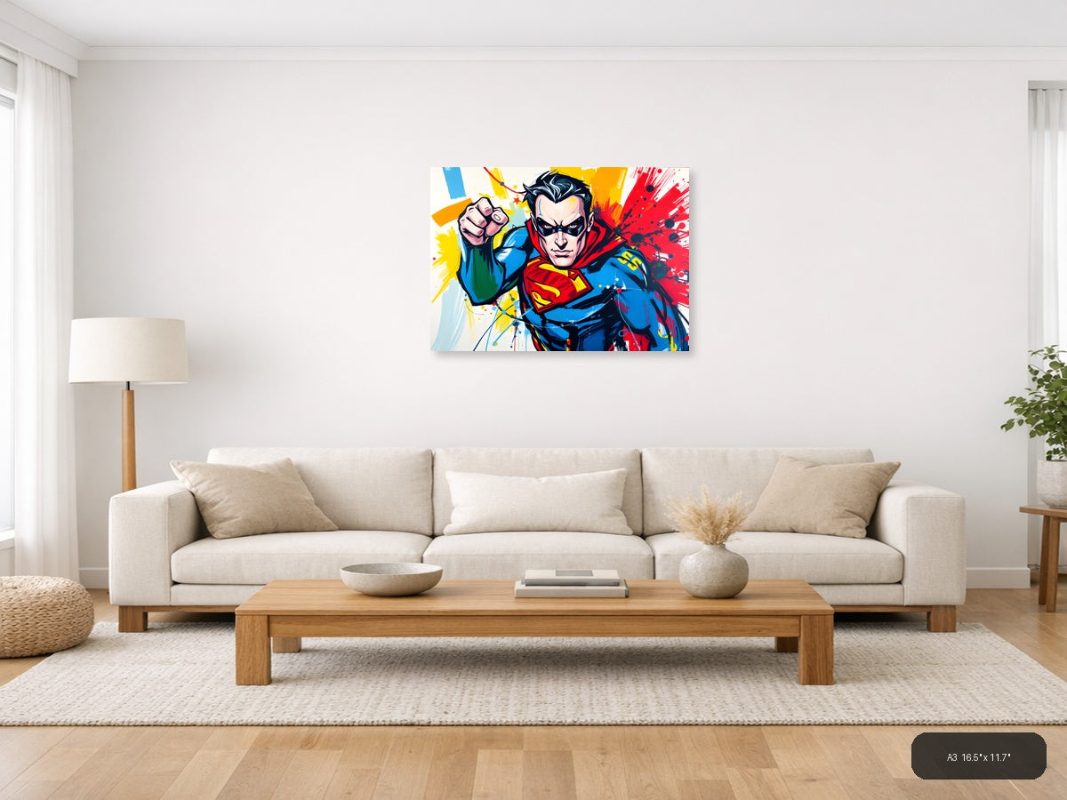 Superman Pop Art Abstract Splatter Wall Art — A3 / Living Room