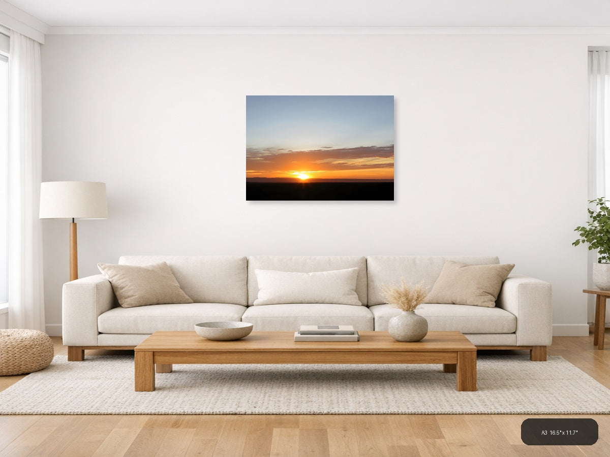 Minimalist Golden Sunset Over Horizon Wall Art — A3 / Living Room