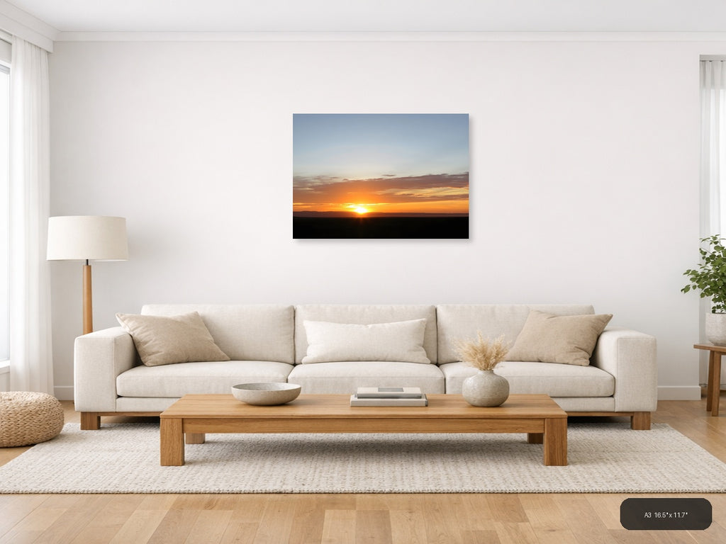 Minimalist Golden Sunset Over Dark Horizon Wall Art — A3 / Living Room