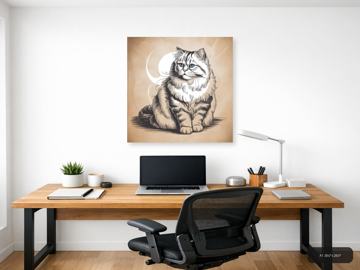 Fluffy Long-Haired Cat with Blue Eyes Line Art Wall Art — A1 / Office