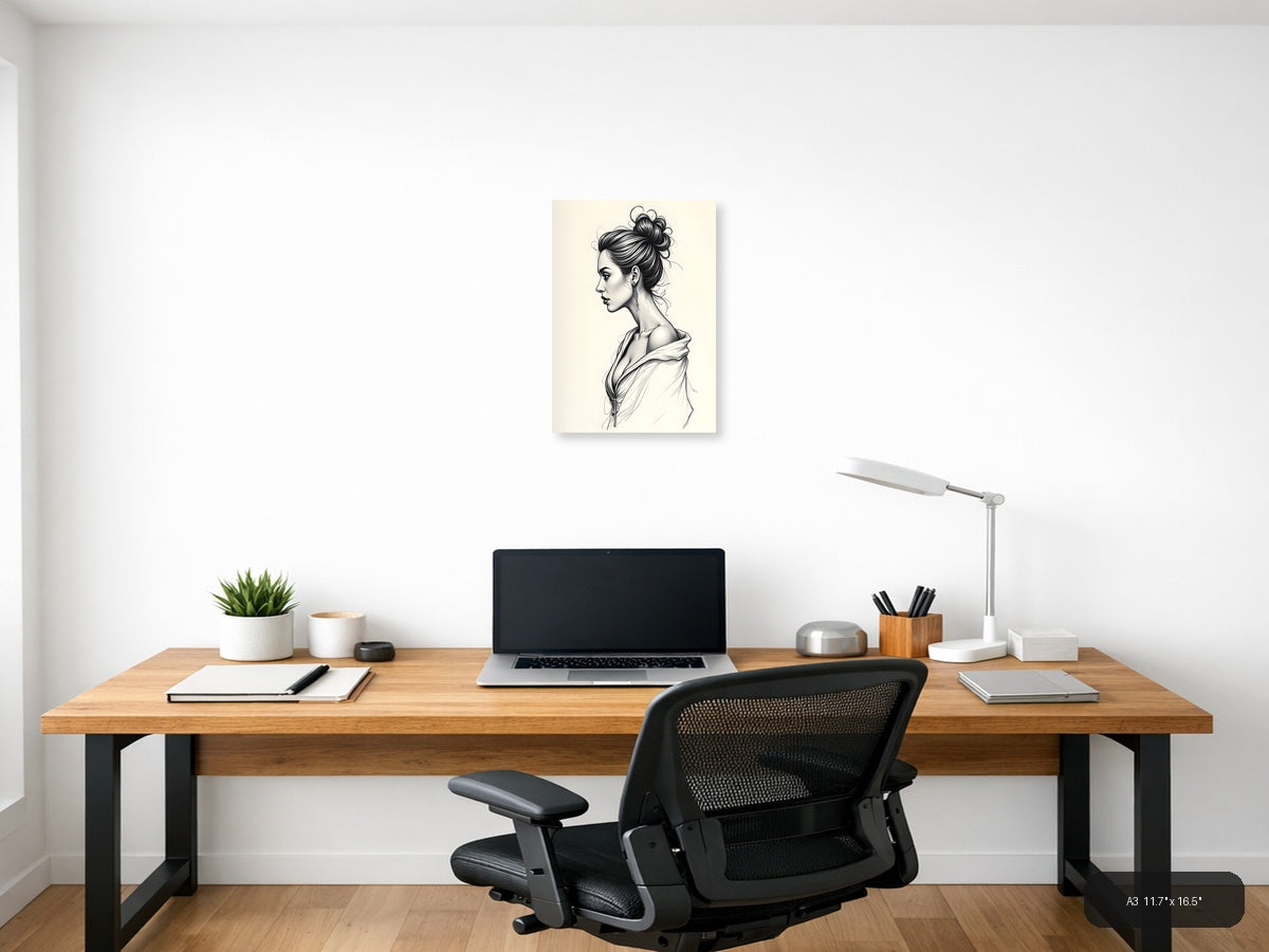 Elegant Woman Profile Line Art Portrait Wall Art — A3 / Office