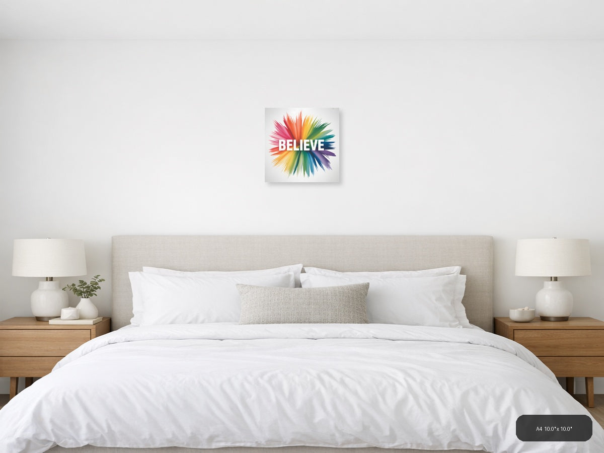 Believe Watercolor Rainbow Burst Square Wall Art — A4 / Bedroom