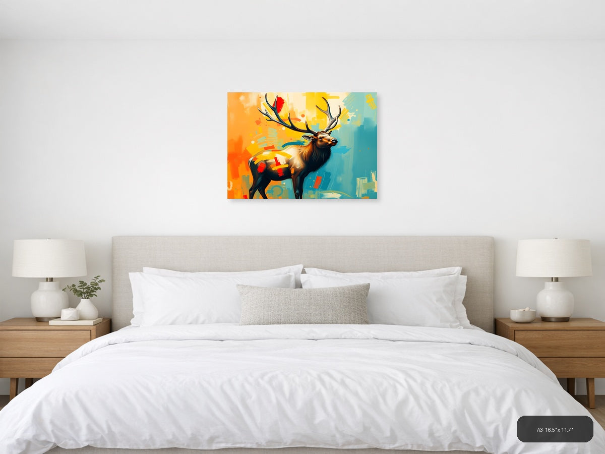 Abstract Elk with Colorful Geometric Patterns Wall Art — A3 / Bedroom