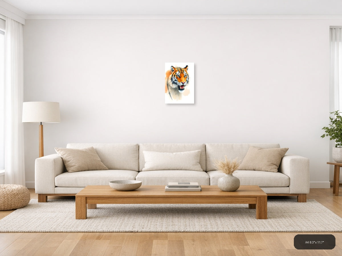 Orange Tiger Portrait Watercolor Wall Art — A4 / Living Room