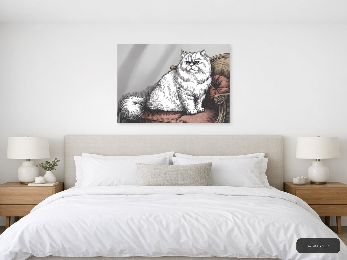 White Fluffy Cat with Blue Eyes Line Art Wall Art — A2 / Bedroom