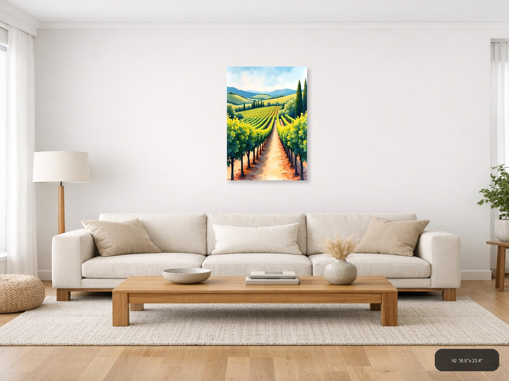 Tuscan Vineyard Landscape Watercolor Wall Art — A2 / Living Room