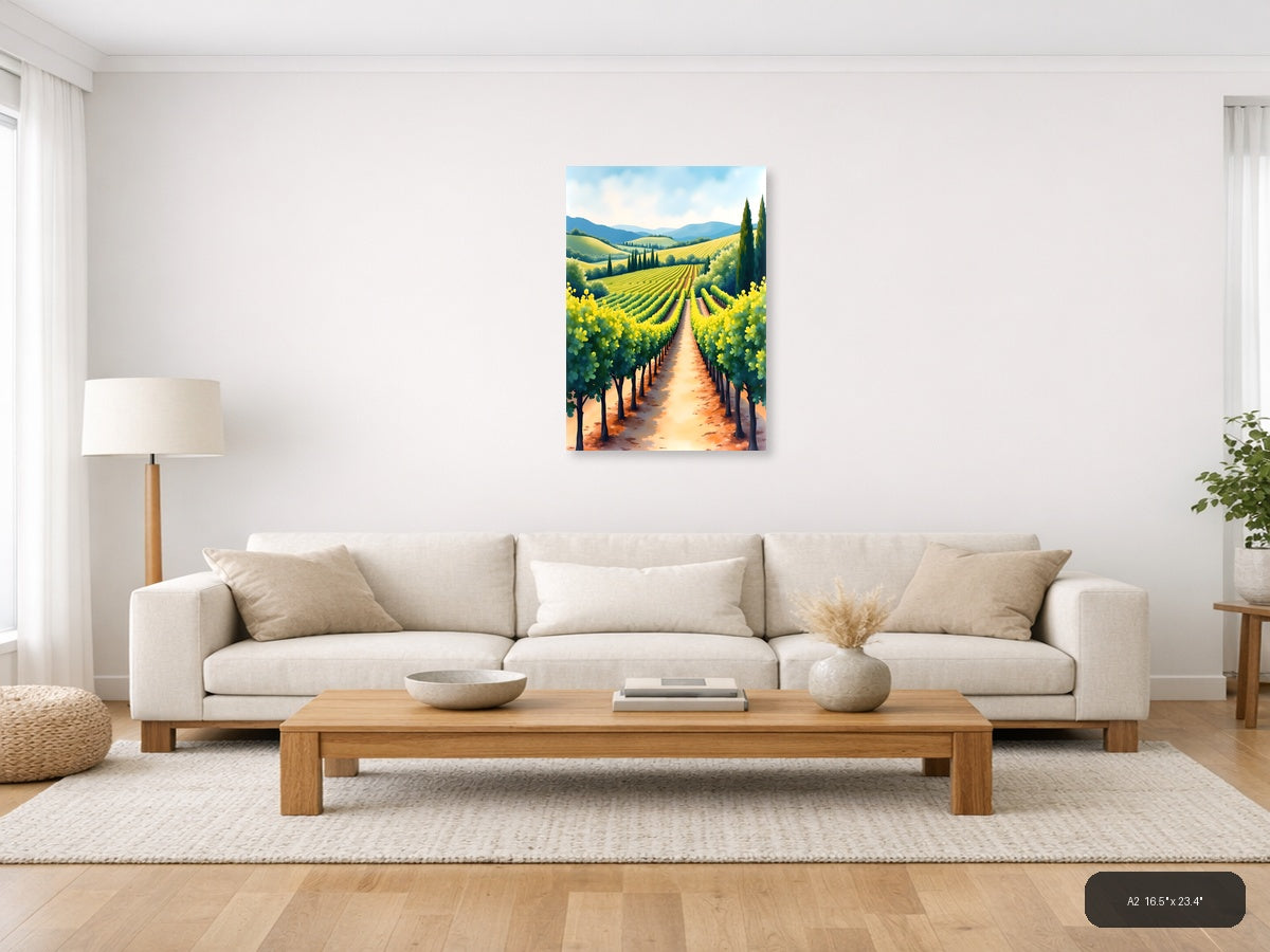 Tuscan Vineyard Landscape Watercolor Wall Art — A2 / Living Room