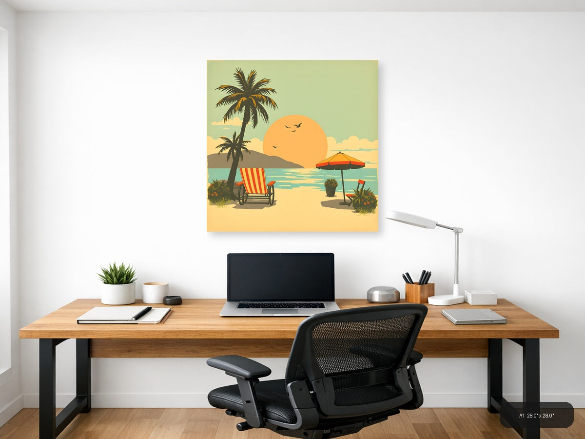 Vintage Beach Sunset Palm Tree Scene Wall Art — A1 / Office