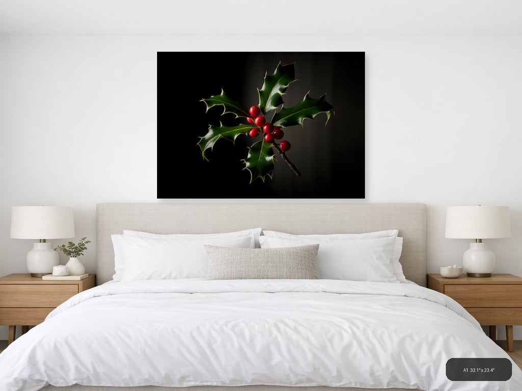 Holly Branch with Red Berries Photography Wall Art — A1 / Bedroom