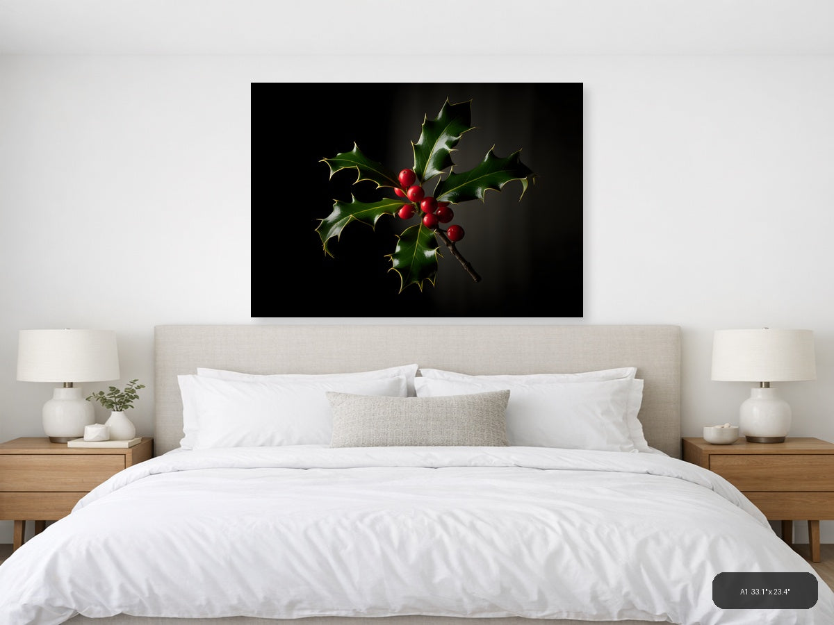 Holly Branch with Red Berries Photography Wall Art — A1 / Bedroom