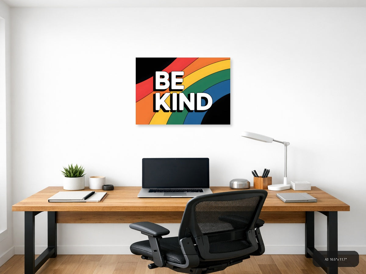 Be Kind Rainbow Typography Photography Wall Art — A3 / Office