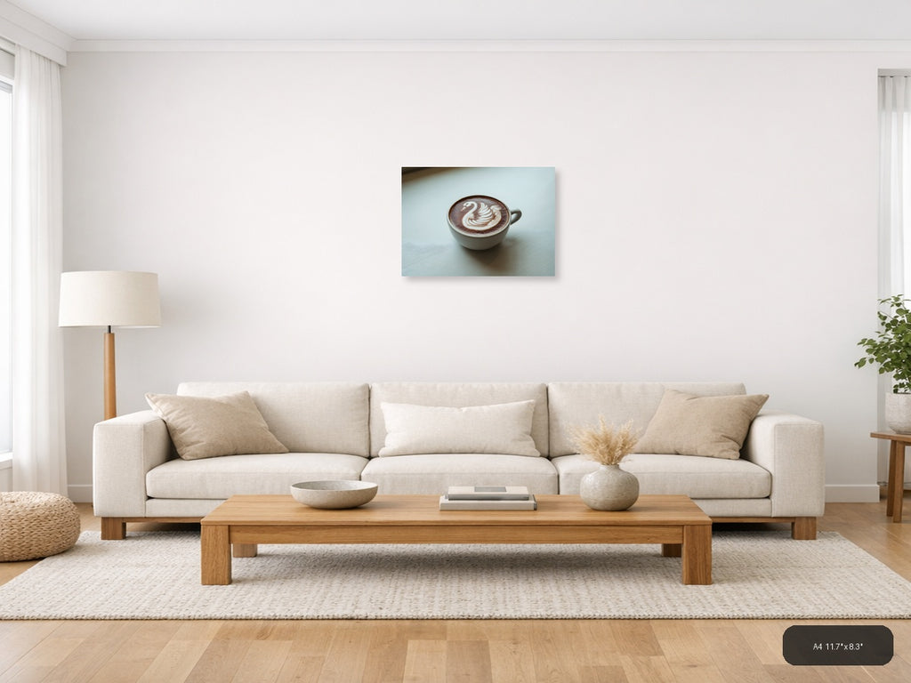 Swan Latte Art Minimalist Coffee Wall Art — A4 / Living Room